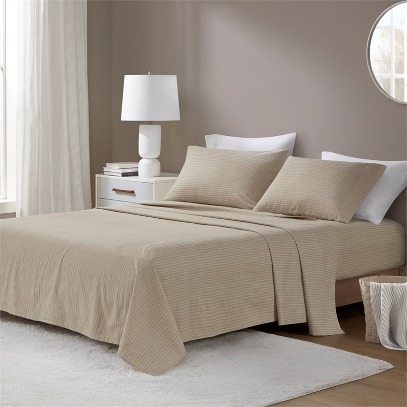 Olliix Beautyrest Oversized Flannel Queen Sheet Set in Beige/White Stripes