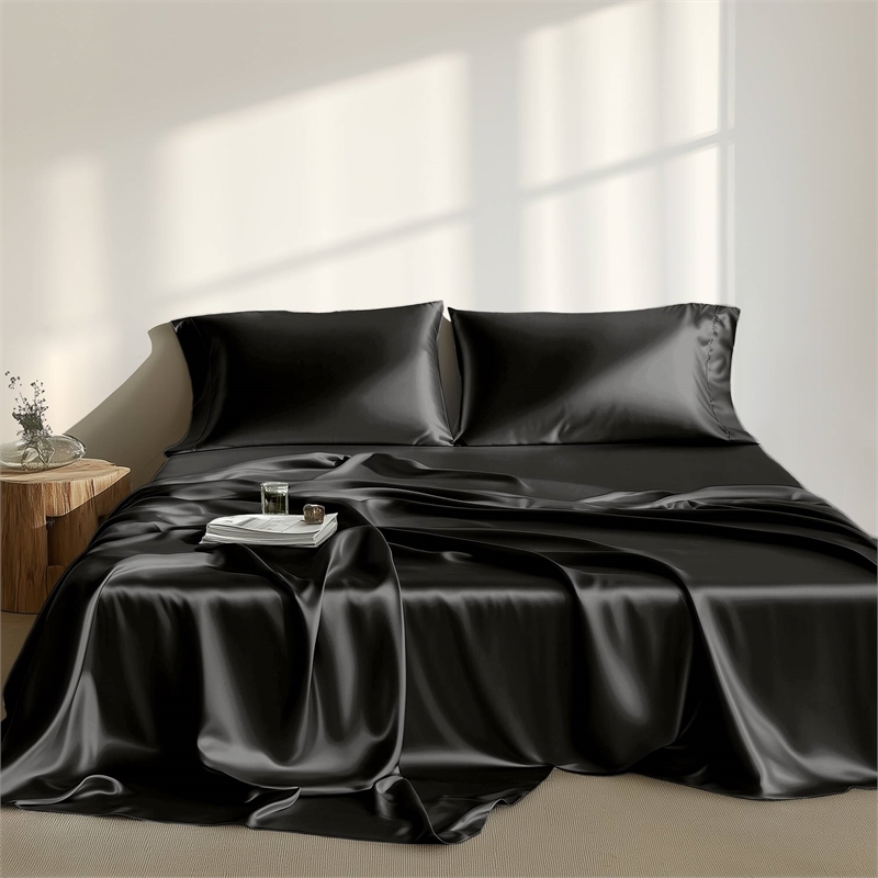 Olliix Madison Park Essentials Satin Queen Sheet Set Polyester in Black