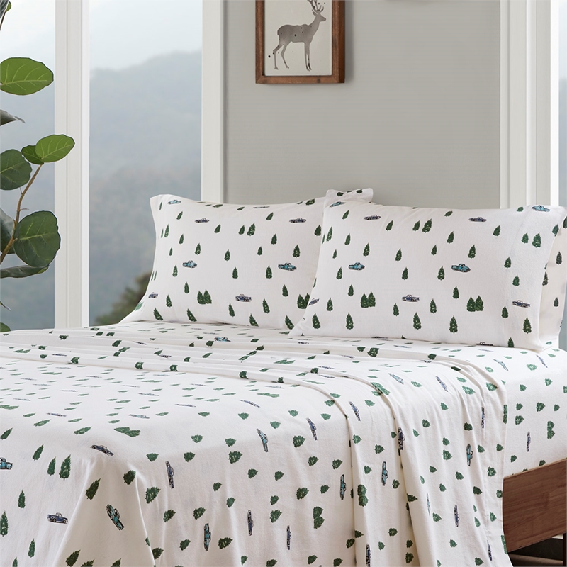 Olliix Woolrich Cotton Flannel Queen Sheet Set Cotton in Green Trees & Trucks