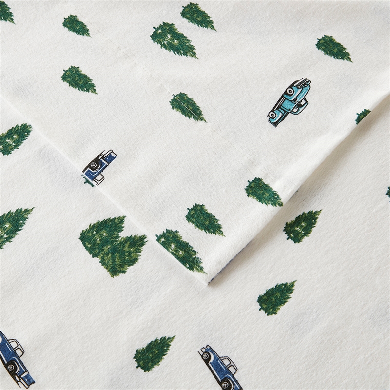 Olliix Woolrich Cotton Flannel Queen Sheet Set Cotton in Green Trees & Trucks