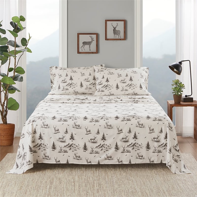 Olliix Woolrich Cotton Flannel Queen Sheet Set Cotton in Gray Deer Toile