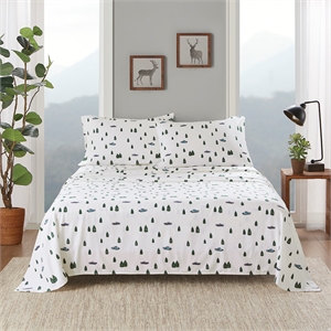 Olliix Woolrich Cotton Flannel Cal King Sheet Set Cotton in Green Trees & Trucks