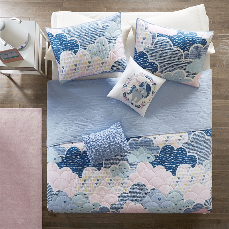 Olliix Intelligent Design Kids Cloud Full/Queen Quilt Set Cotton in Blue