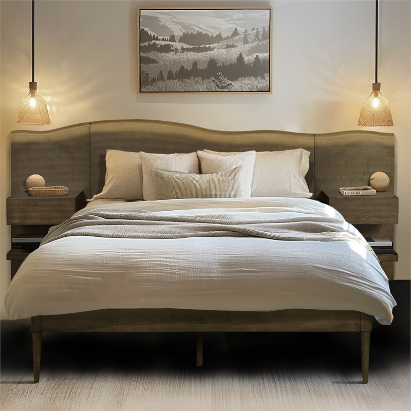Olliix INK+IVY Clark Wood Queen Bed Frame With Nightstands in Dark Brown