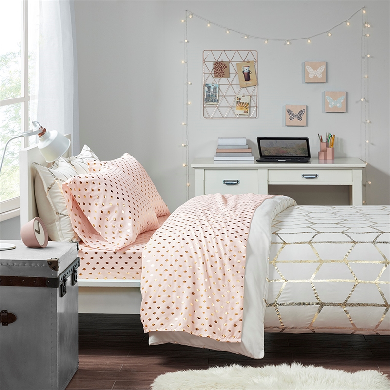 Olliix Intelligent Design Metallic Dot Full Sheet Set Microfiber in Blush/Gold
