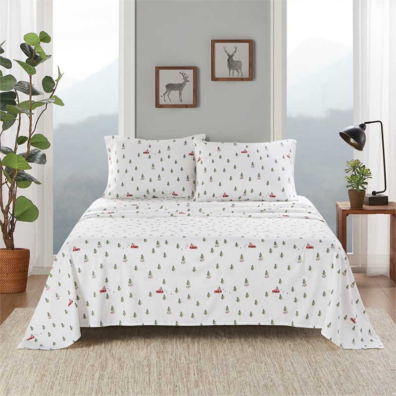 Olliix Woolrich Cotton Flannel King Sheet Set Cotton in Green Tree Trip