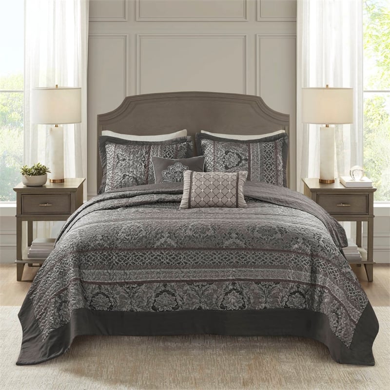 Olliix Madison Park Bellagio King Bedspread Set Microfiber in Grey