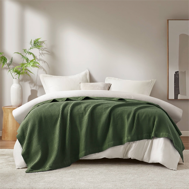 Olliix Madison Park Waffle Weave King Blanket Cotton in Olive Green