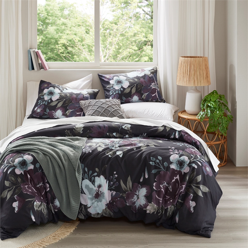 Olliix Madison Park Jolene Full/Queen Duvet Mini Set Cotton in Dark Grey/Plum