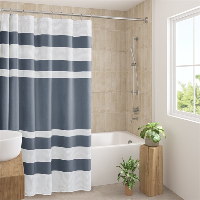 Olliix Madison Park Spa Waffle 36x72'' Shower Curtain Polyester in Dark Blue
