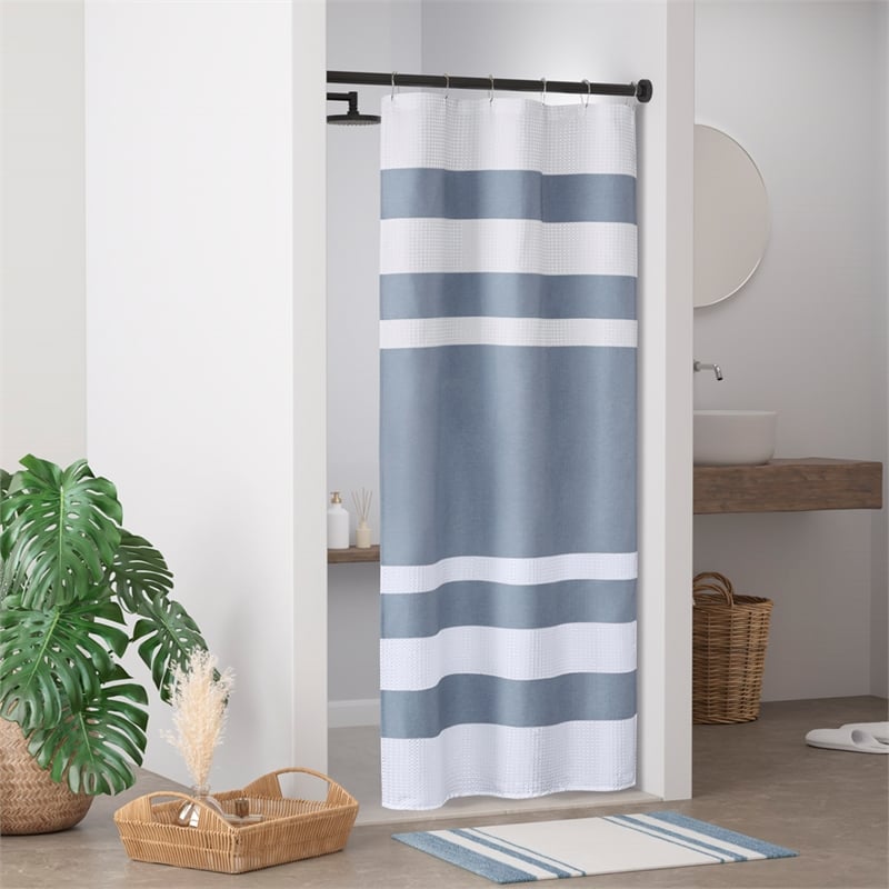 Olliix Madison Park Spa Waffle 36x72'' Shower Curtain Polyester in Dark Blue