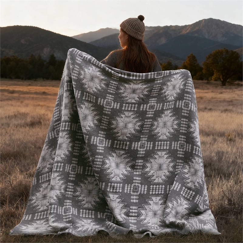 Olliix Woolrich Twin Cotton Blanket in Grey Aztec