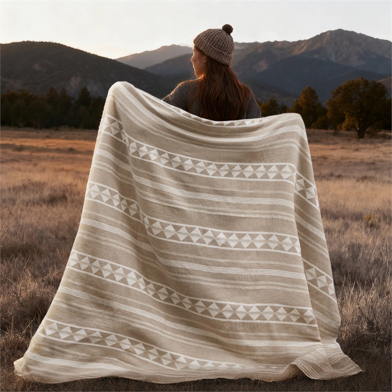 Olliix Woolrich Full/Queen Cotton Blanket in Ivory Stripe
