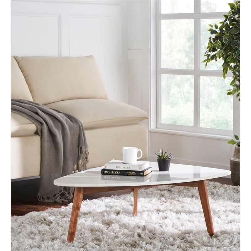 Mod-Arte Nero white authentic marble triangular coffee table with wood legs