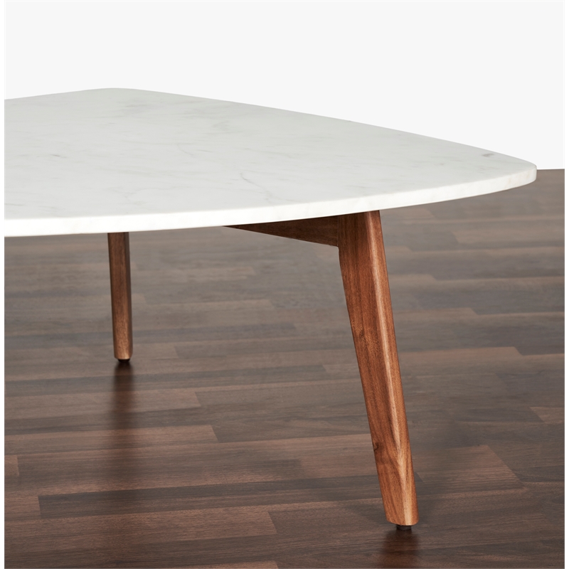 Mod-Arte Nero white authentic marble triangular coffee table with wood legs