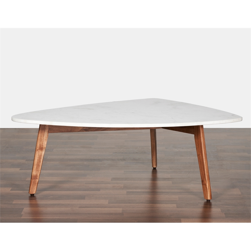 Mod-Arte Nero white authentic marble triangular coffee table with wood legs