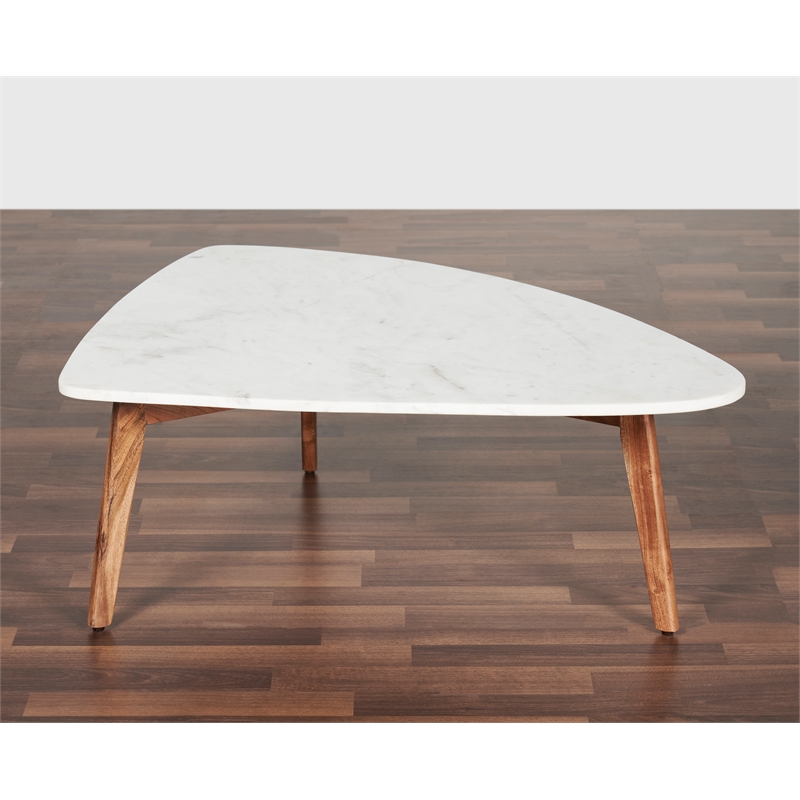Mod-Arte Nero white authentic marble triangular coffee table with wood legs