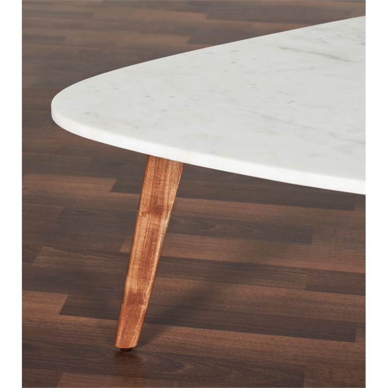 Mod-Arte Nero white authentic marble triangular coffee table with wood legs