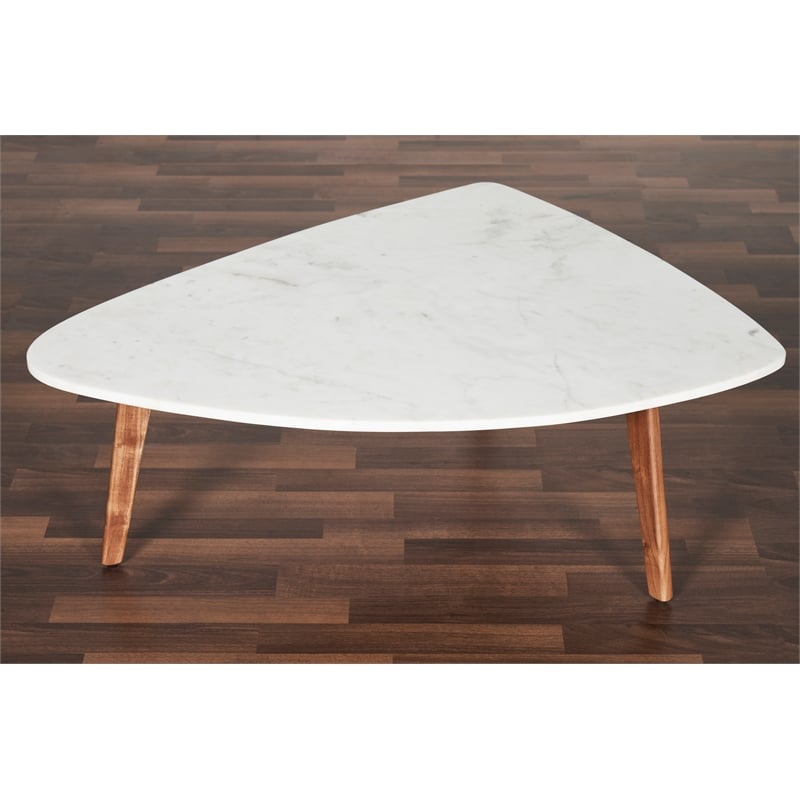 Mod-Arte Nero white authentic marble triangular coffee table with wood legs