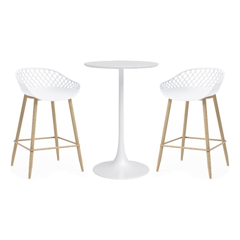 Jamesdar Kurv Steel 3 Piece Counter Height Cafe Set in White & Natural