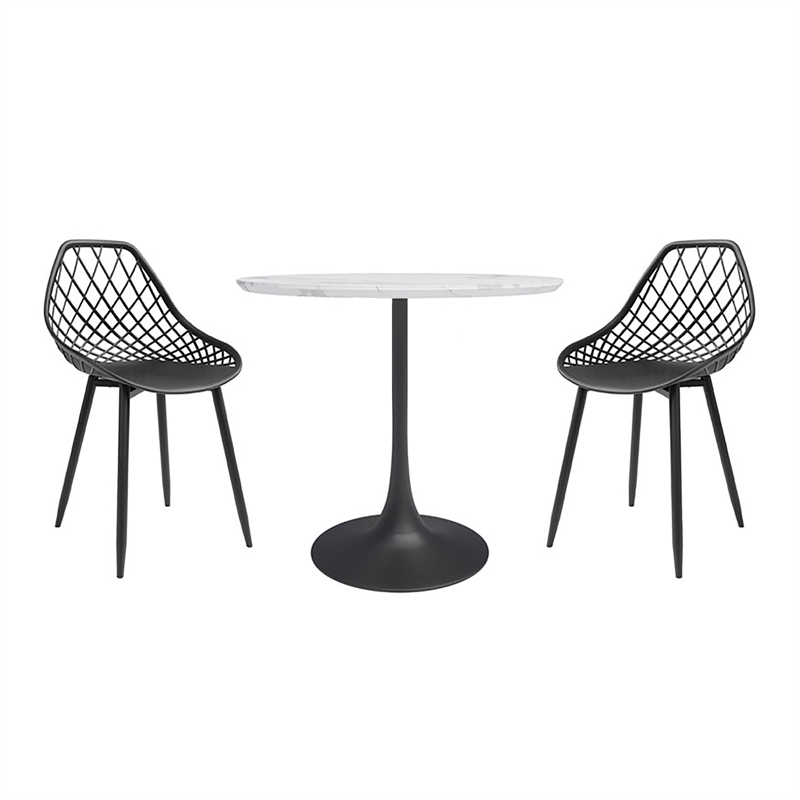 Kurv 3 Piece Cafe Dining Set Faux White Marble and Black