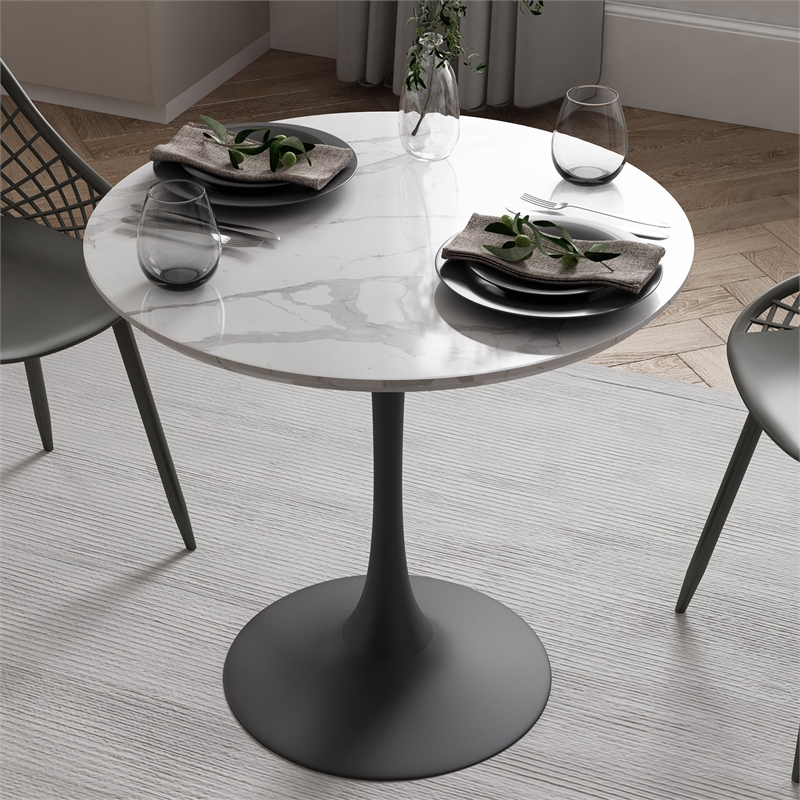 Kurv 3 Piece Cafe Dining Set Faux White Marble and Black