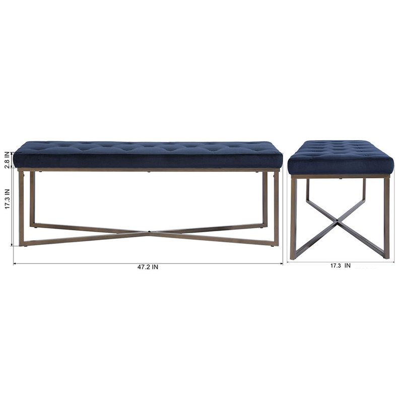FurnitureR Rizzo 47.2'' Rectangular Metal and Velvet Upholstered Bench in Blue