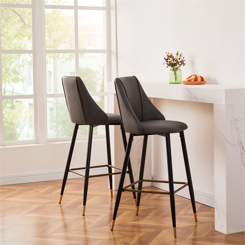 FurnitureR 30'' Modern Barstool Faux Leather Black Legs Set of 2