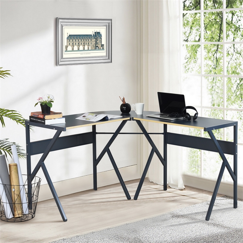 Homycasa L Shaped Computer Desk with Black Metal Frame and Wood Finish
