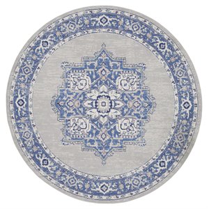 Nourison Whimsicle 96x96&quot Round Fabric Scrolling Floral Area Rug in Blue