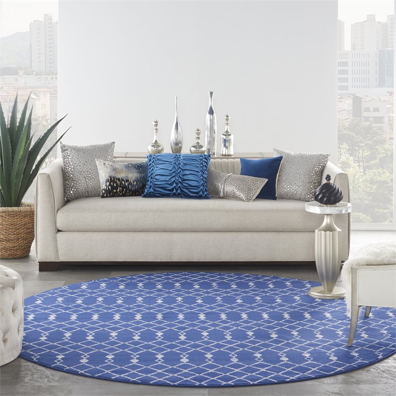 nourison whimsicle 96x96&quot round fabric classic tribal area rug in navy