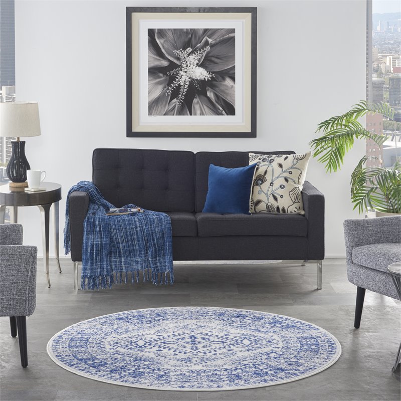 nourison whimsicle 60x60&quot round fabric geometric motif area rug in navy