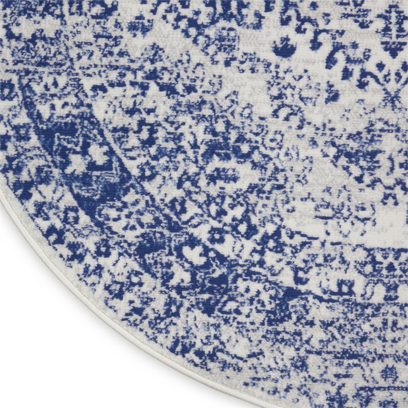 nourison whimsicle 60x60&quot round fabric geometric motif area rug in navy