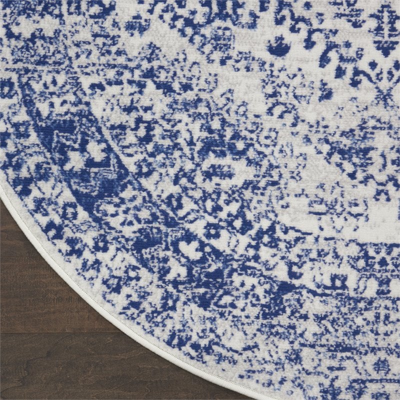 nourison whimsicle 60x60&quot round fabric geometric motif area rug in navy