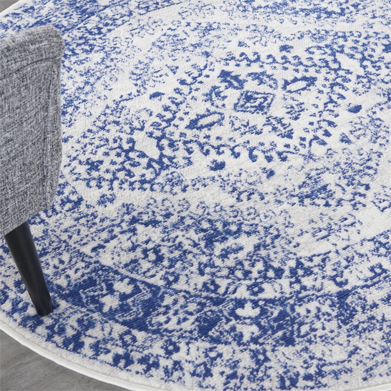 nourison whimsicle 60x60&quot round fabric geometric motif area rug in navy