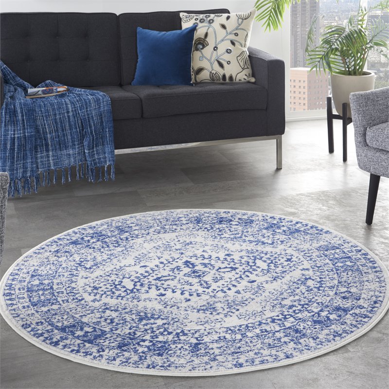 nourison whimsicle 60x60&quot round fabric geometric motif area rug in navy
