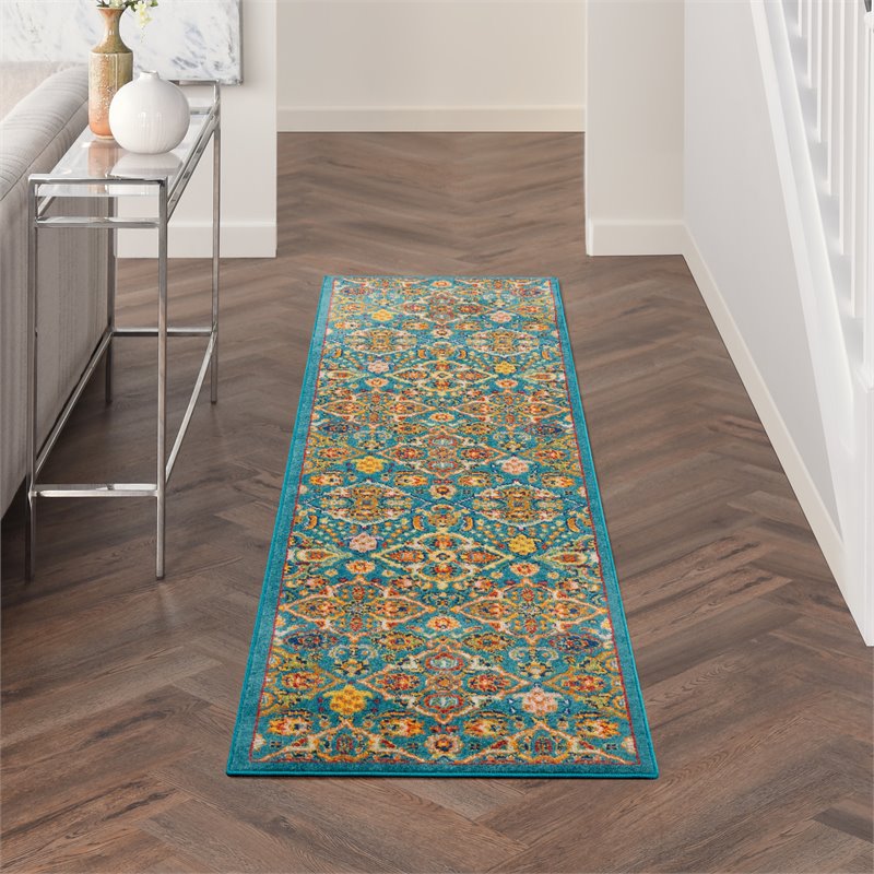 Nourison Allur 8' Runner Turquoise Ivory Fabric Bohemian Area Rug (8' Runner)