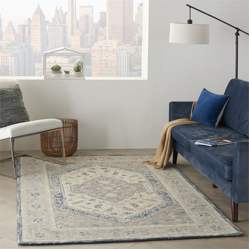 Nourison Bahari 5' x 7' Rectangle Traditional Wool Area Rug in Gray/Ivory