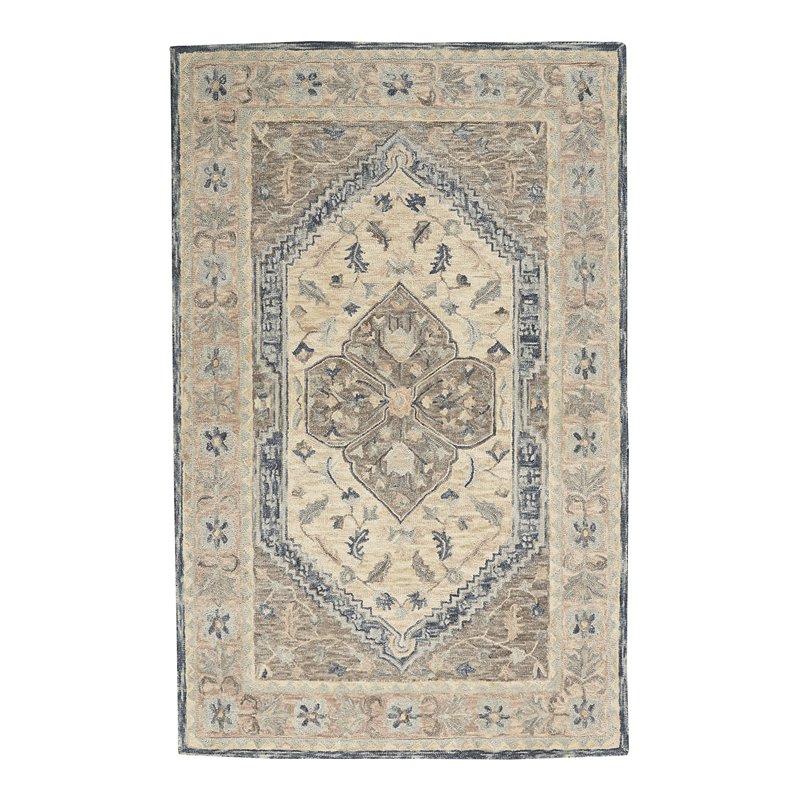Nourison Bahari 5' x 7' Rectangle Traditional Wool Area Rug in Gray/Ivory