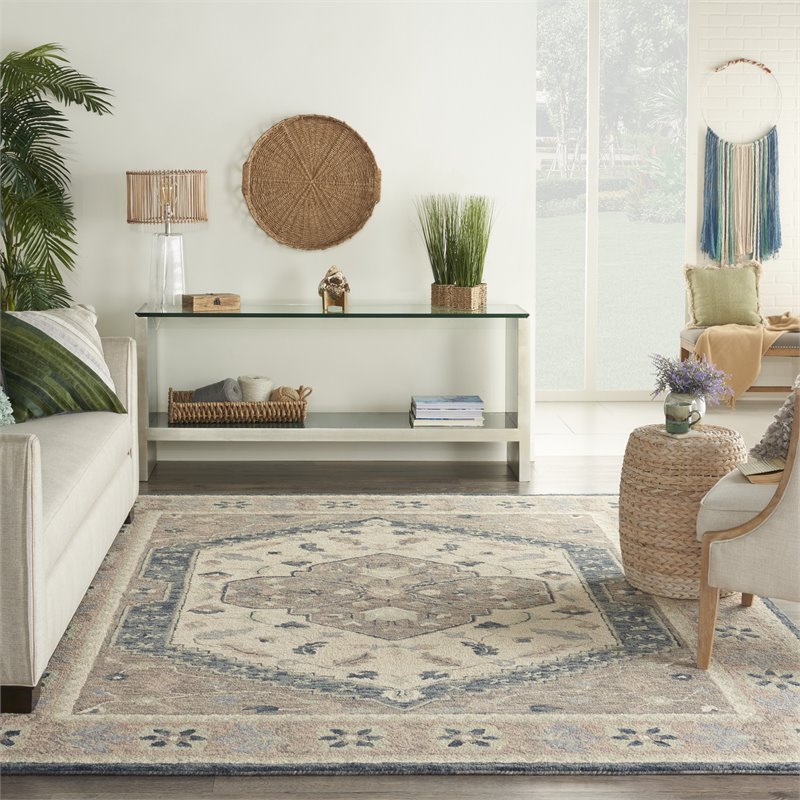 Nourison Bahari 8' x 10' Rectangle Traditional Wool Area Rug in Gray/Ivory