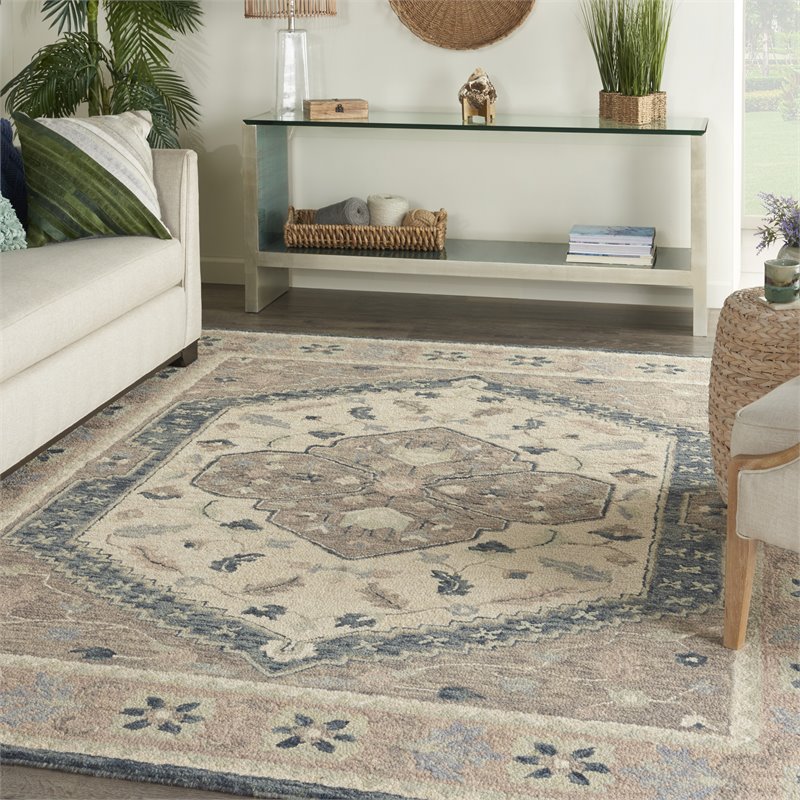 Nourison Bahari 8' x 10' Rectangle Traditional Wool Area Rug in Gray/Ivory