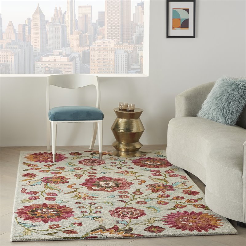 Nourison Bahari 5' x 7' Rectangle Contemporary Wool Area Rug in Gray/Red