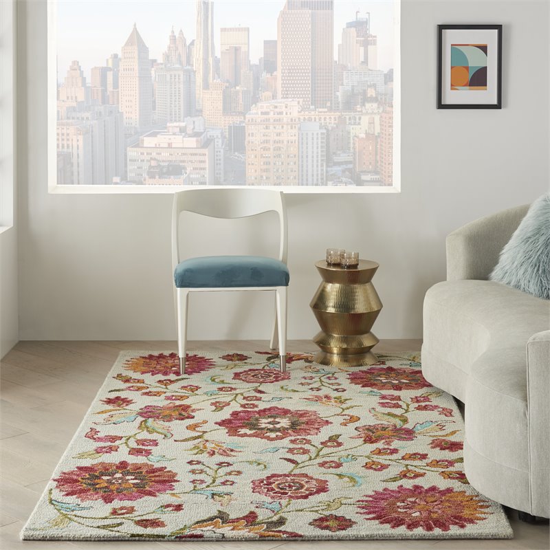 Nourison Bahari 5' x 7' Rectangle Contemporary Wool Area Rug in Gray/Red