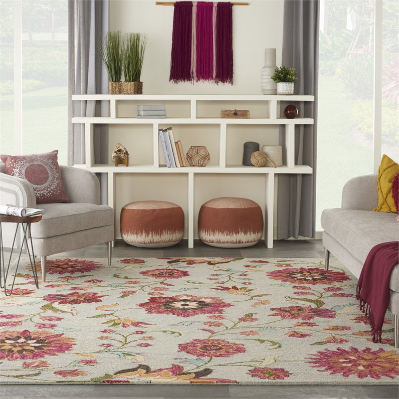 Nourison Bahari 8' x 10' Rectangle Contemporary Wool Area Rug in Gray/Red