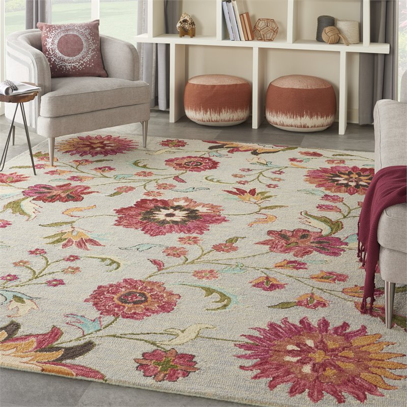 Nourison Bahari 8' x 10' Rectangle Contemporary Wool Area Rug in Gray/Red