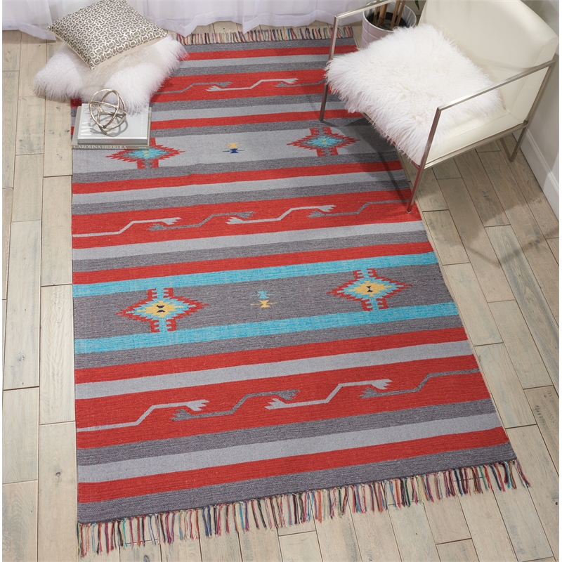 Nourison Baja Southwestern Trimmed Gray/Red Cotton Blend Area Rug (5' x 7')