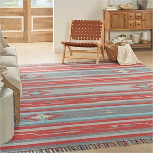 Nourison Baja 96x120&quot Rectangle Transitional Fabric Area Rug in Gray/Sun Red