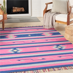 Nourison Baja 78x114&quot Rectangle Transitional Fabric Area Rug in Pink/Navy Blue