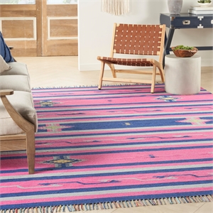Nourison Baja 96x120&quot Rectangle Transitional Fabric Area Rug in Pink/Navy Blue