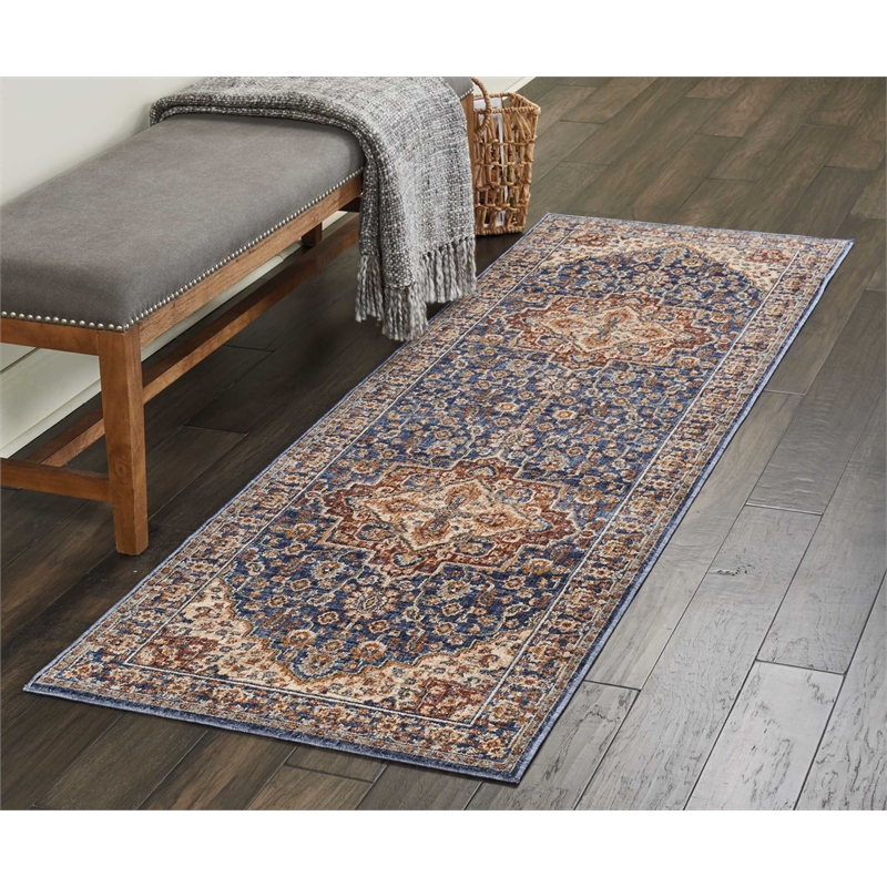 nourison reseda runner traditional polyester area rug in blue